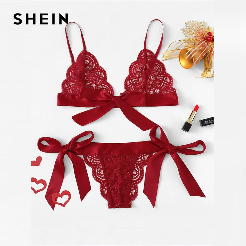 SHEIN Red Lace Sexy lingerie Set Hot Women Sleepwear V Neck Sleeveless Lace Scallop Bralette And Pantie Intimate Lingerie