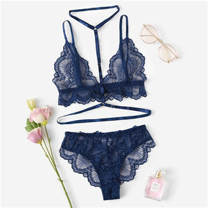 SHEIN Sexy Navy Trim Lace Unlined lingerie Set Hot Women V Neck Sleeveless Wireless Bralettes and Briefs Intimate Lingerie Sets
