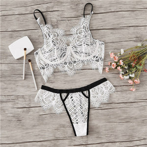 SHEIN White Sexy Eyelash Lace Unlined Lingerie Set Summer Women Wireless Back Closure Bra and Thongs Underwear Lingerie Sets