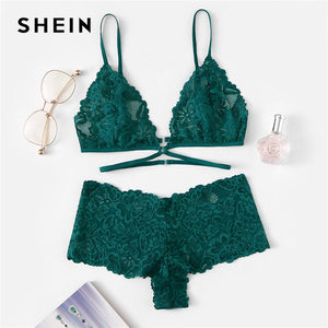 SHEIN Green Sexy Floral Lace Lingerie Set Women Summer Back Closure Wireless Bra and Briefs Solid Underwear Lingerie Sets