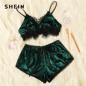 SHEIN Green Lace Trim Velvet Lingerie Set Sexy Sleeveless Wireless Bras and Briefs Shorts Pajamas 2019 Women Summer Sleepwear