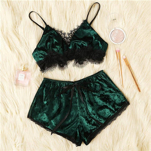 SHEIN Green Lace Trim Velvet Lingerie Set Sexy Sleeveless Wireless Bras and Briefs Shorts Pajamas 2019 Women Summer Sleepwear