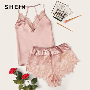 SHEIN Lace Trim Satin Cami Top and Shorts Pj Set Set 2019 Pink Sexy Wireless Lingerie Sets Summer Satin Women Sleepwear